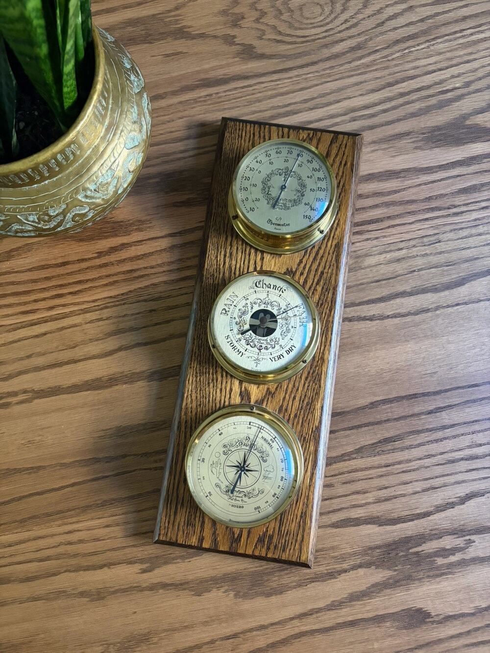 Vintage French Wuersch 3 Dial Weather Station Brass Indicators On Oak Mount
